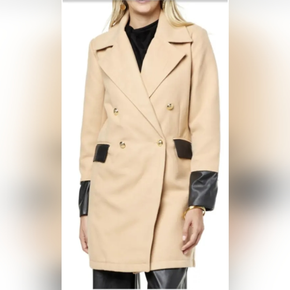 NEW H Halston Double-Breasted Coat & LEATHER Detail CAMEL TAN PLUS SZ M.